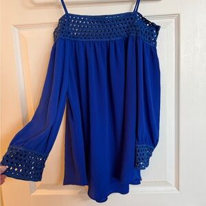 Elegant Blue Off-Shoulder Blouse with Crochet Accents